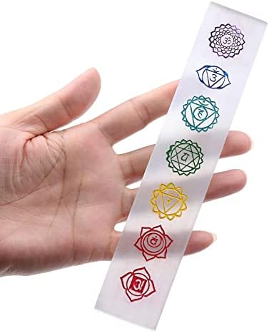 Jovivi 7.3 Large Selenite Crystal Plate Selenite Sticks Crystal Wand with Engraved 7 Chakra Symb...